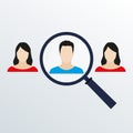 Customer target and human resources concept. Magnifier with male and female faces  inside. People searching with magnifying glass Royalty Free Stock Photo